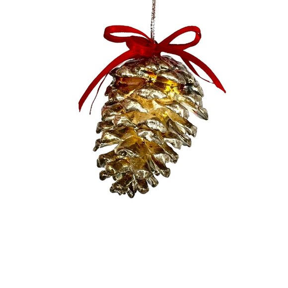 Silver Pine Pinecone Ornament With Red Bow - Picture 6 of 15